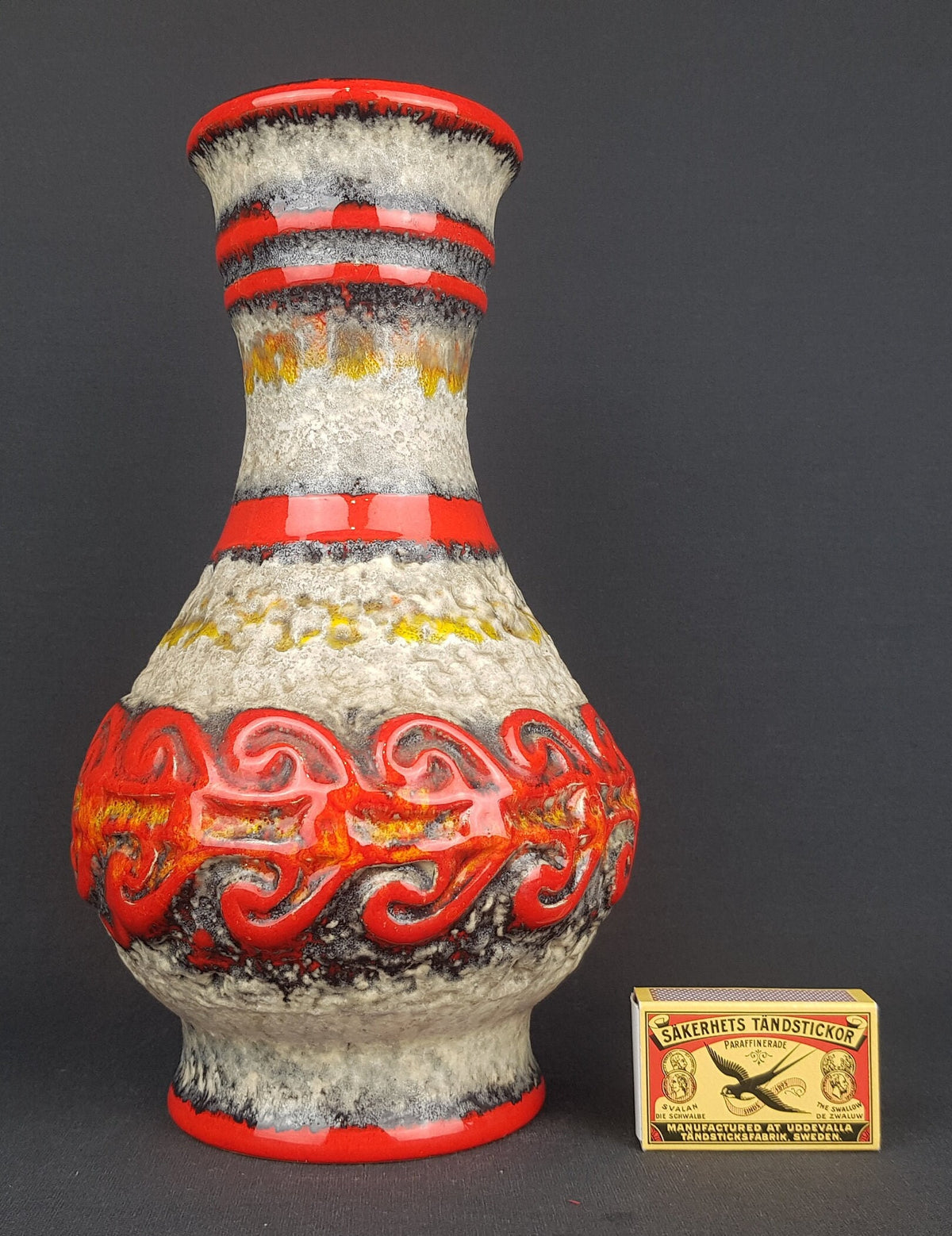 Vintage UBELACKER (Ü-Keramik) Fat Lava Red and Beige Vase 1382 27 West German Pottery 1960s 1970s