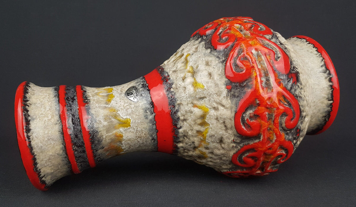 Vintage UBELACKER (Ü-Keramik) Fat Lava Red and Beige Vase 1382 27 West German Pottery 1960s 1970s