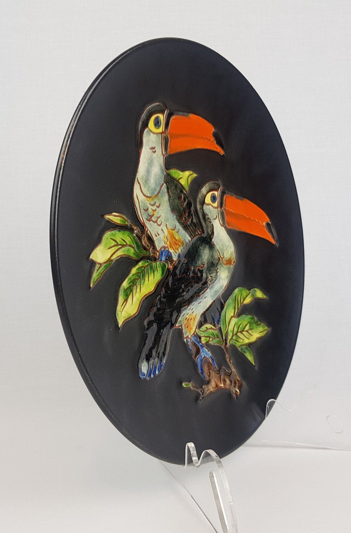 Vintage KARLSRUHER MAJOLIKA Wall Plate with Toucan Decor by Karl-Heinz Feisst 6312 West German Pottery 1950s