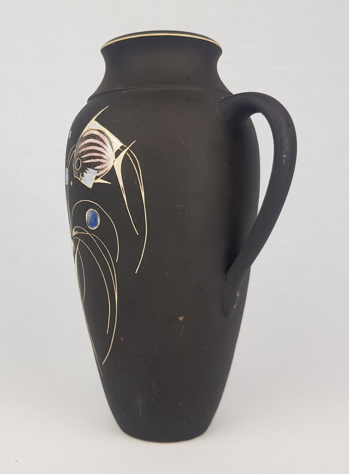 Vintage Kiechle Style Engobe Vase with Fish Decor Form 2012 German Pottery 1950s 1960s
