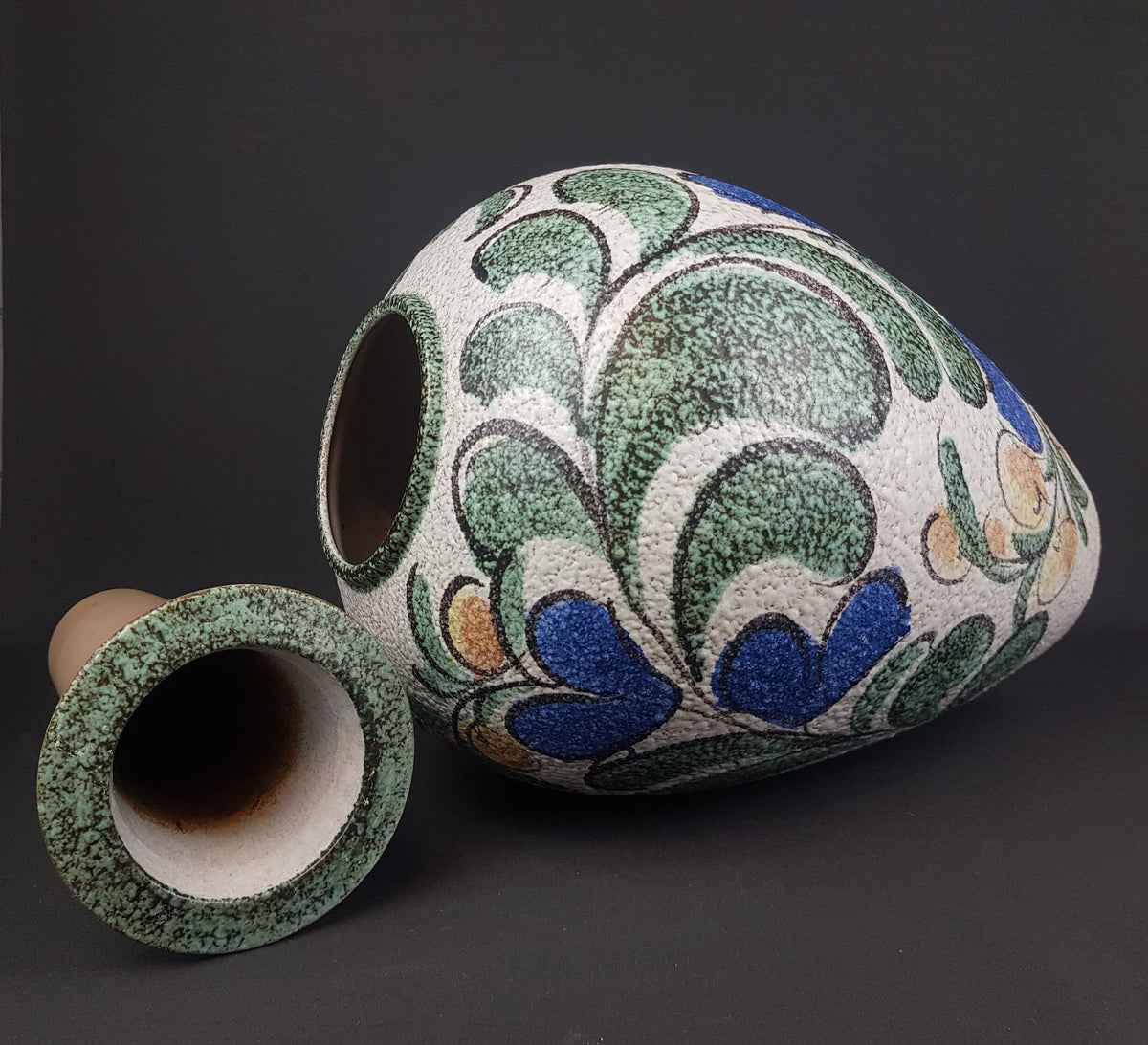 Vintage RUSCHA KERAMIK 849/3 Floor Vase with Enzian Decor West German Pottery 1950s