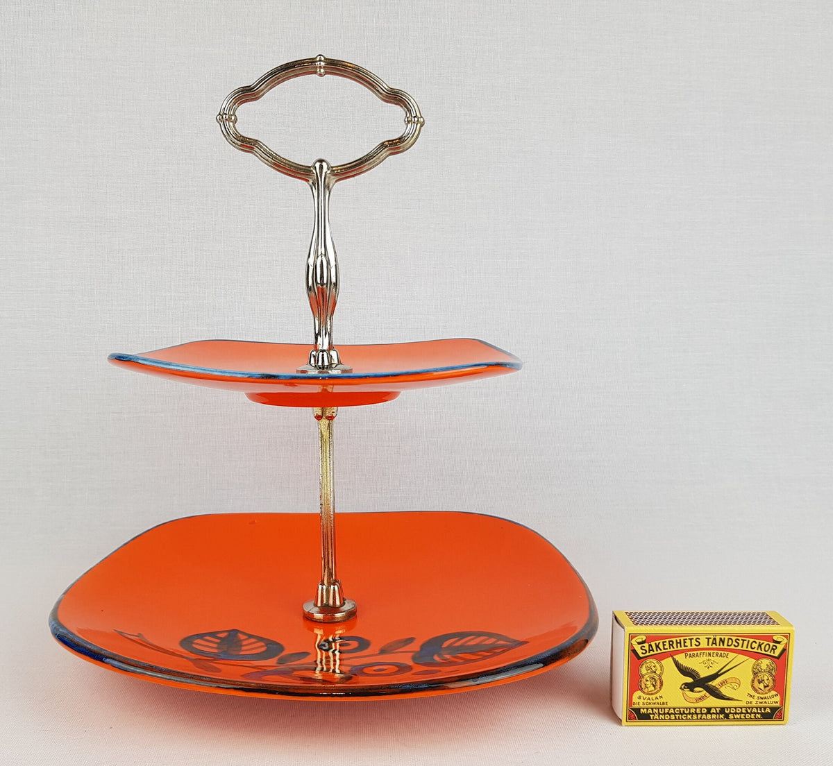 Vintage SCHRAMBERG Majolika-Fabrik (SMF) Orange Etagere With Tivoli Decor West German Pottery 1960s
