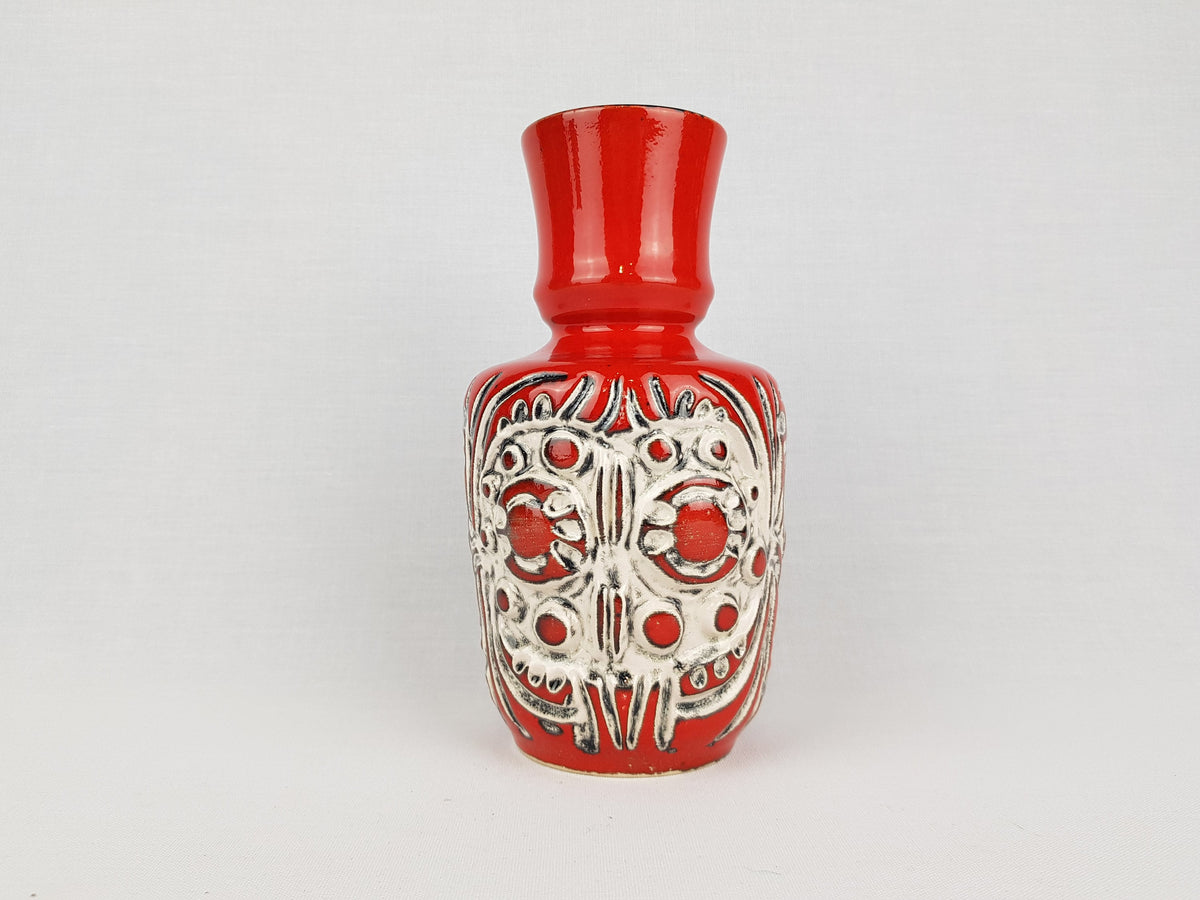 Vintage ÜBELACKER Keramik Red Vase With White Relief Decor 1326/18 West German Pottery 1970s