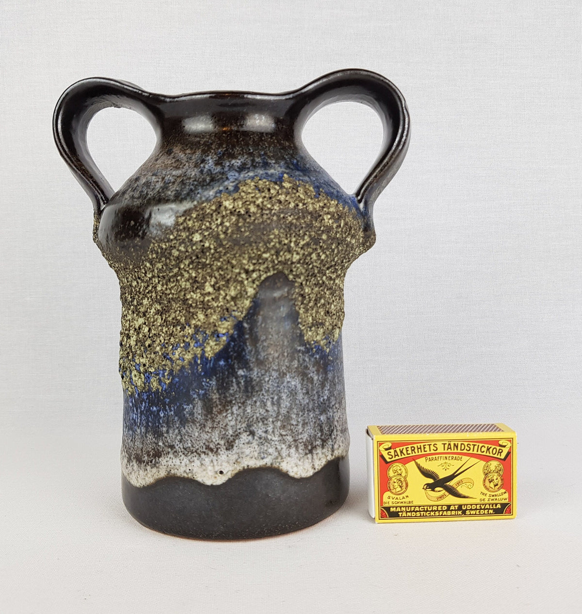 Vintage CARSTENS KERAMIK Brown, White and Blue Fat Lava Double Handled Vase West German Pottery 1970s
