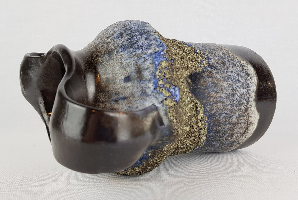 Vintage CARSTENS KERAMIK Brown, White and Blue Fat Lava Double Handled Vase West German Pottery 1970s