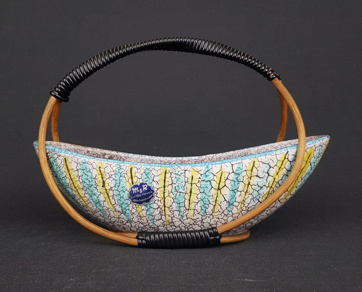 Vintage MARZI und REMY KERAMIK Rattan Handled Bowl 7501/19 West German Pottery 1950s