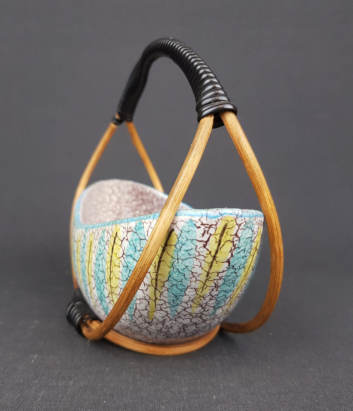 Vintage MARZI und REMY KERAMIK Rattan Handled Bowl 7501/19 West German Pottery 1950s