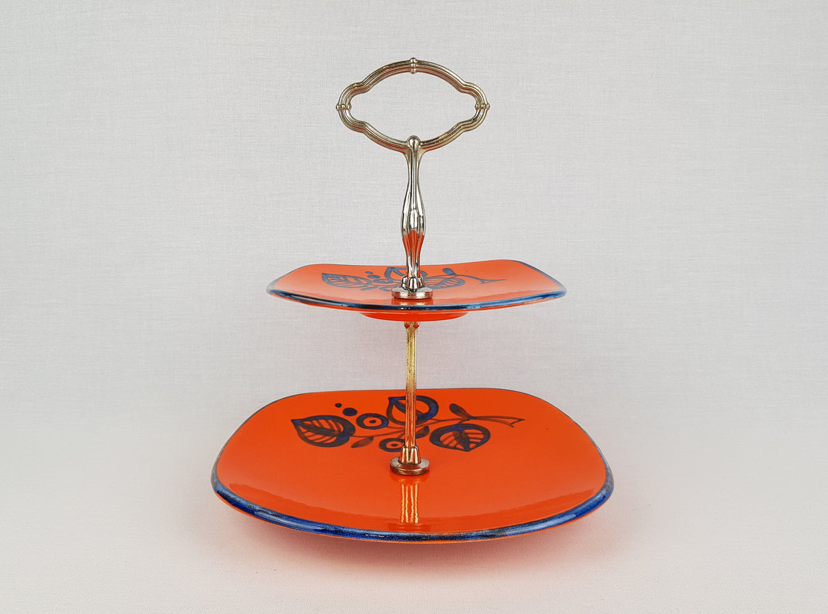 Vintage SCHRAMBERG Majolika-Fabrik (SMF) Orange Etagere With Tivoli Decor West German Pottery 1960s