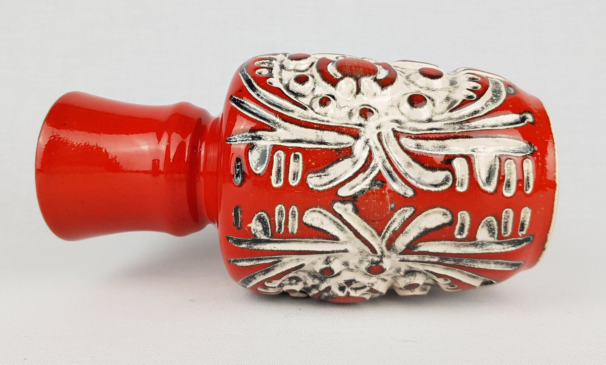 Vintage ÜBELACKER Keramik Red Vase With White Relief Decor 1326/18 West German Pottery 1970s