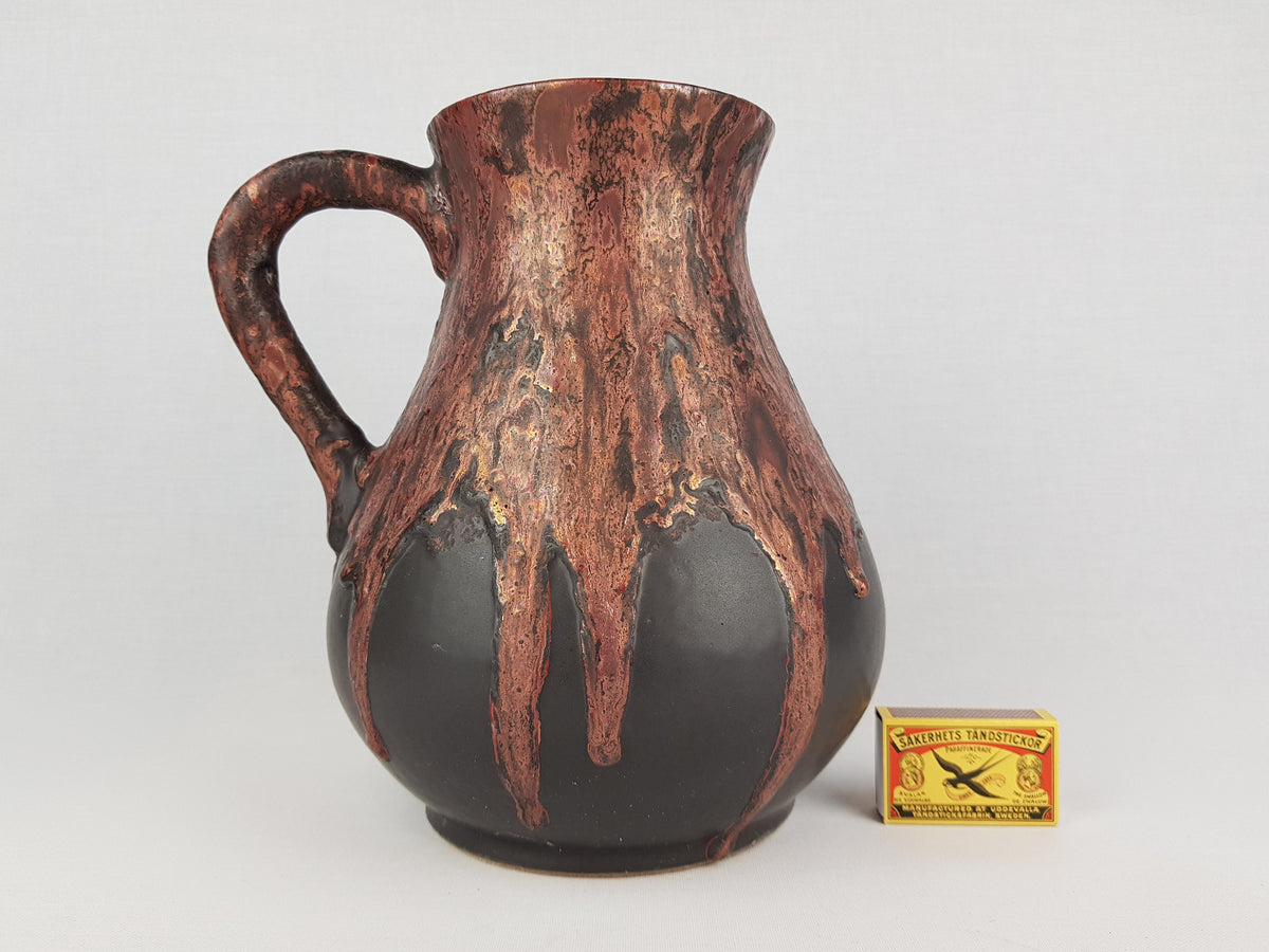Vintage OTTO KERAMIK Handled Jug Vase with Dripped Burgundy Red Ätna Decor West German Pottery Fat Lava Era 1970-80s