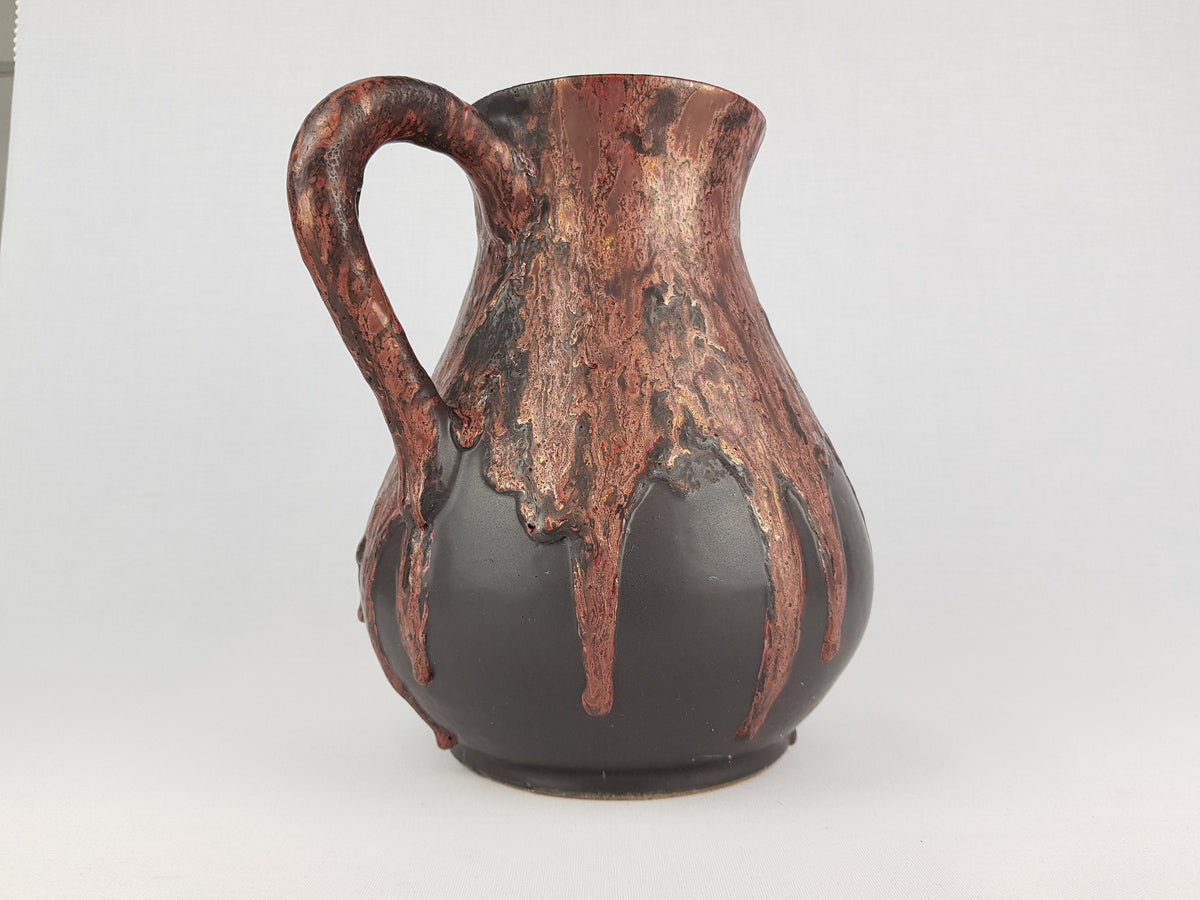 Vintage OTTO KERAMIK Handled Jug Vase with Dripped Burgundy Red Ätna Decor West German Pottery Fat Lava Era 1970-80s
