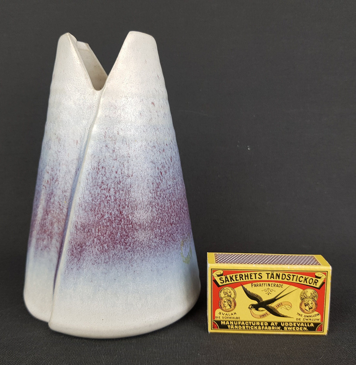 Vintage KUBICEK Vulcano Shaped White Ceramic Vase With Blue Purple Decor German Studio Art Pottery 1960s 1970s