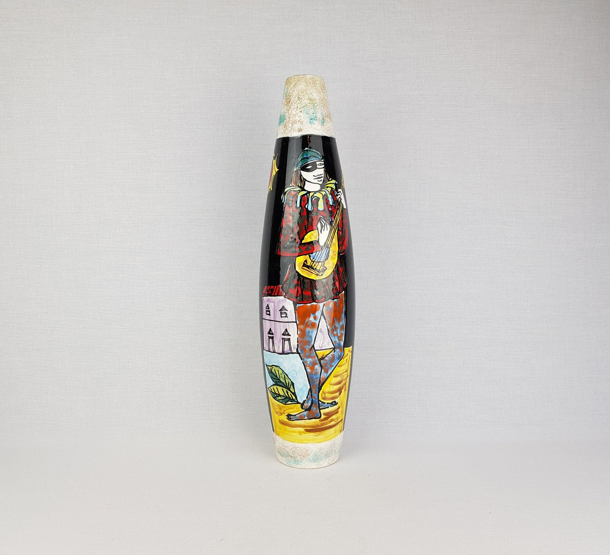 Tall Vintage SAN MARINO Ceramic Vase With Harlequin Decor Italian Pottery 1960s