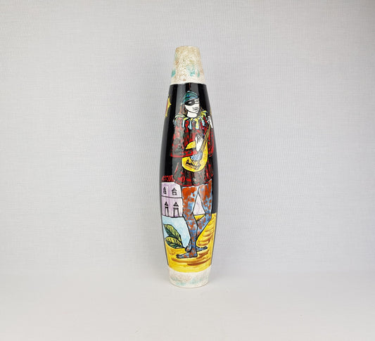Tall Vintage SAN MARINO Ceramic Vase With Harlequin Decor Italian Pottery 1960s