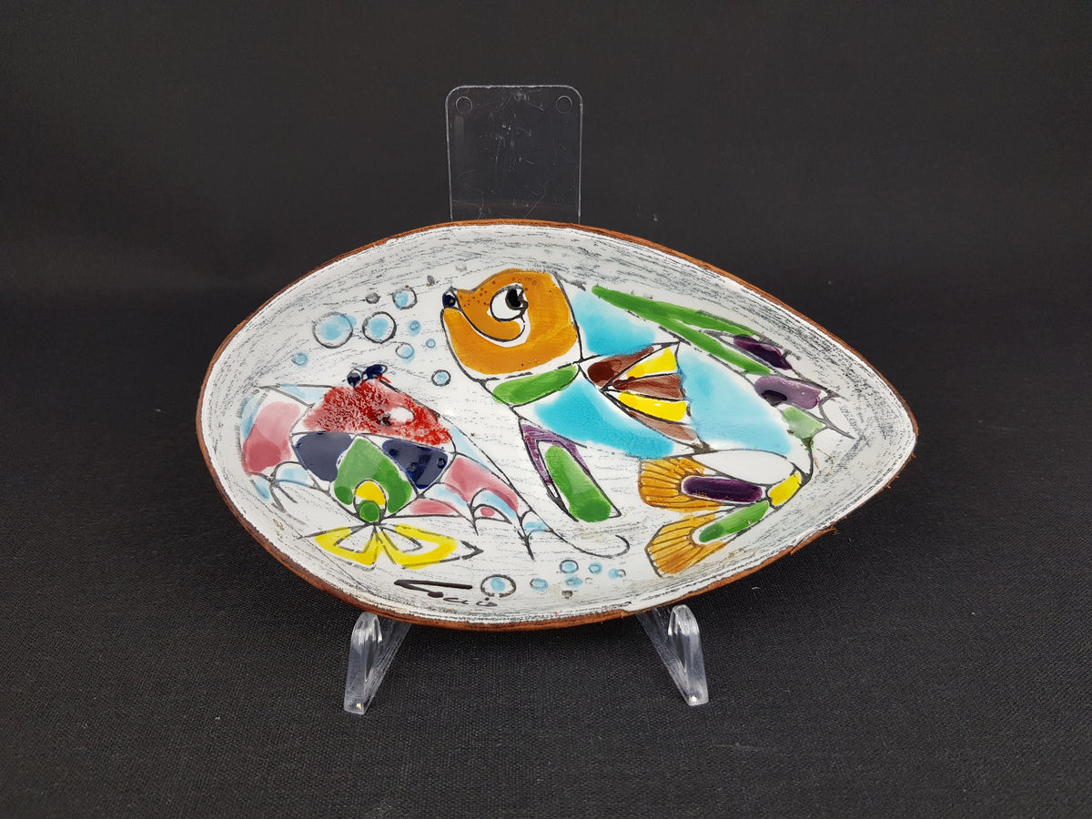 Vintage COCCIO White and Blue dish/ bowl with Hand Painted Fishes Italian Collectible Pottery 1950-60