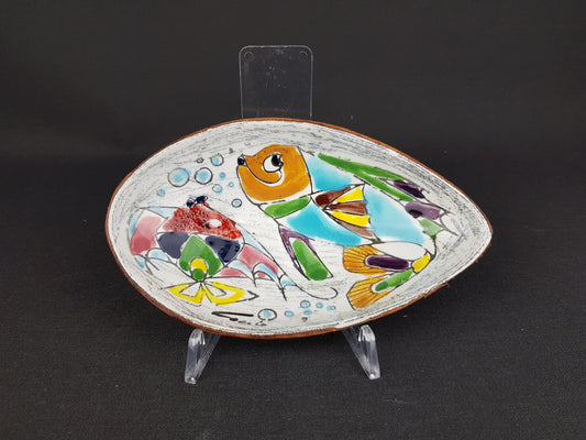 Vintage COCCIO White and Blue dish/ bowl with Hand Painted Fishes Italian Collectible Pottery 1950-60