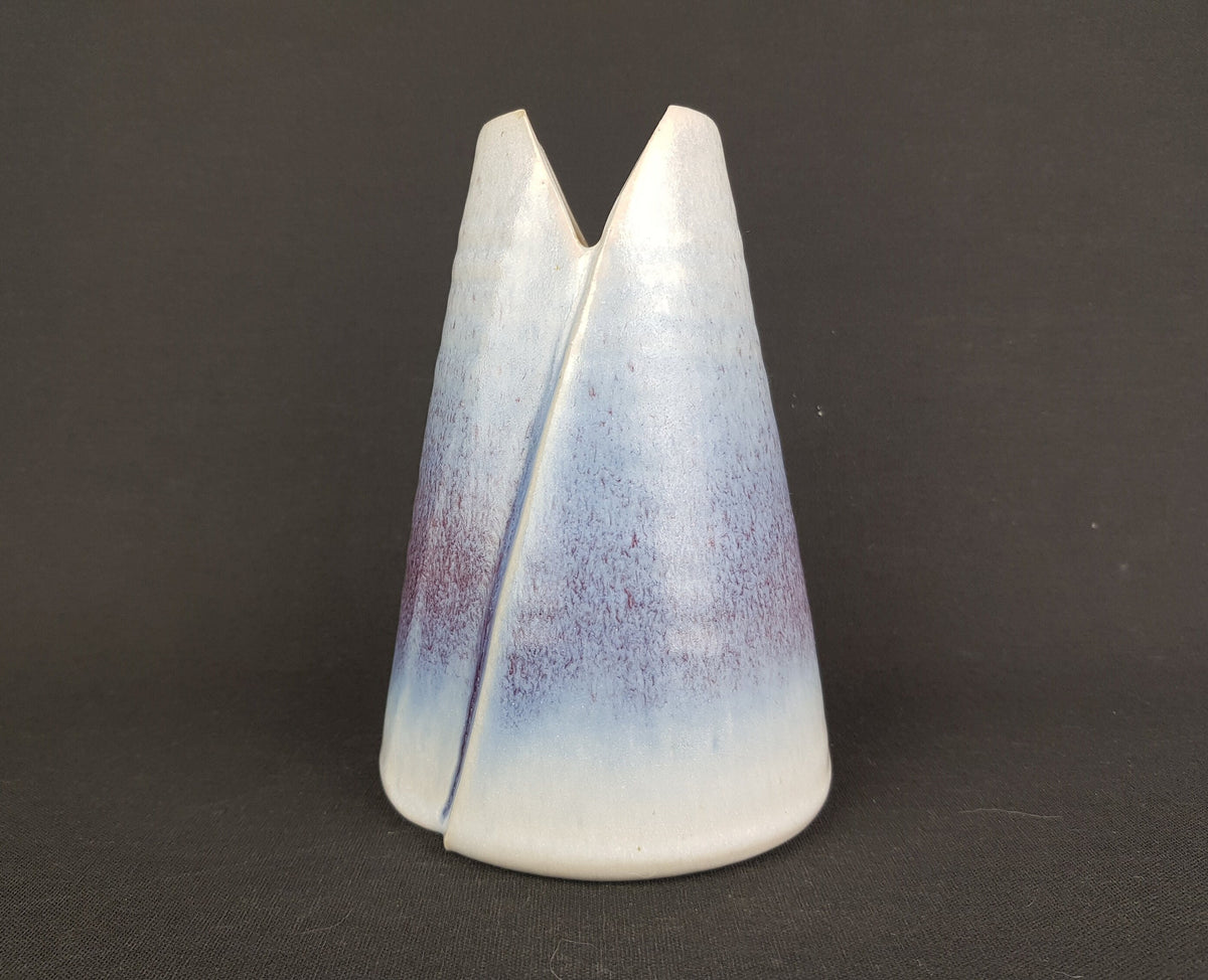 Vintage KUBICEK Vulcano Shaped White Ceramic Vase With Blue Purple Decor German Studio Art Pottery 1960s 1970s