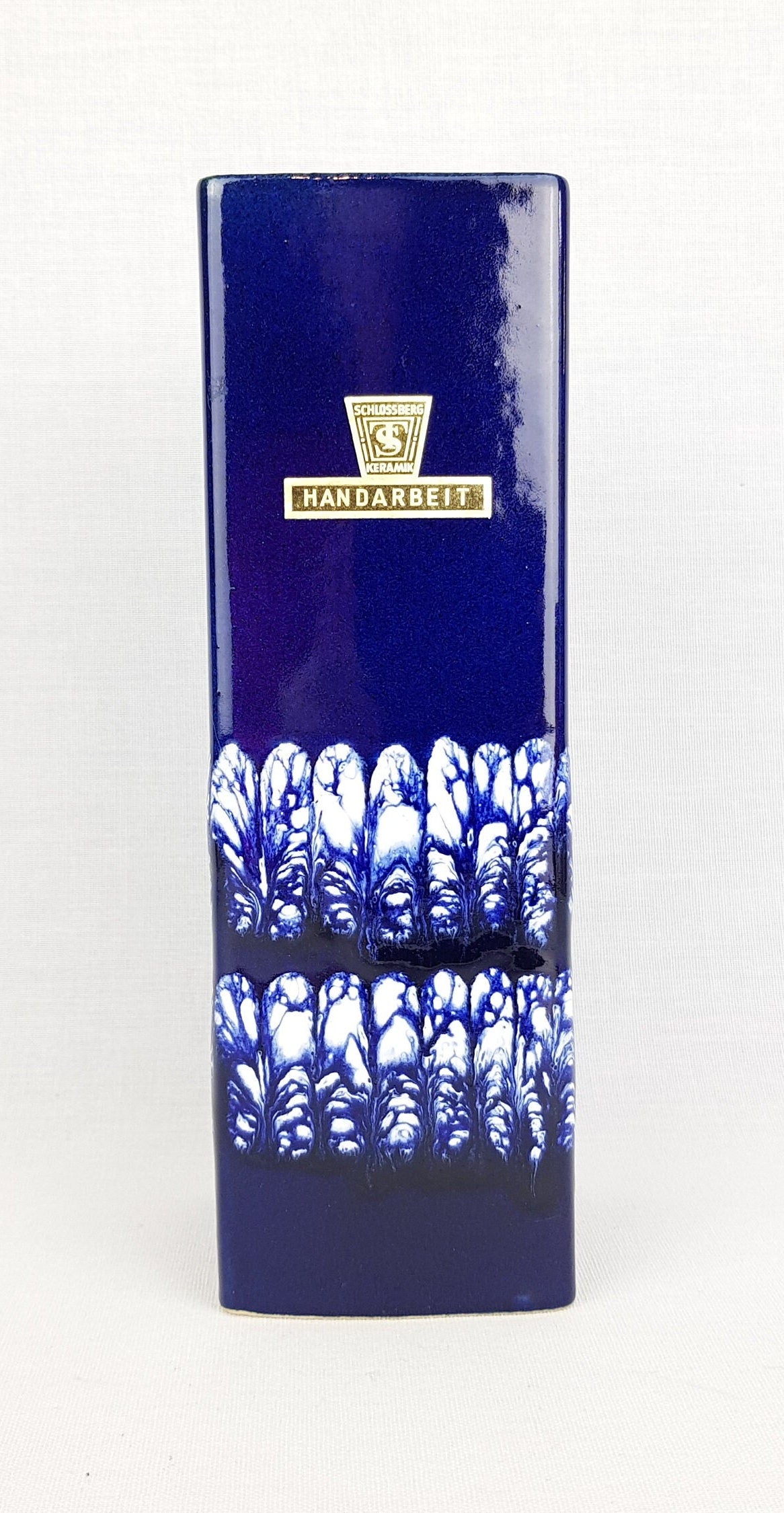 Vintage SCHLOSSBERG Ceramic Blue Rectangular Vase 298-20 West German Pottery 1970s