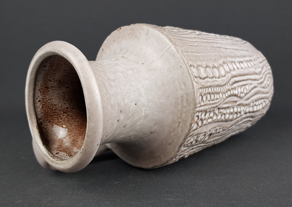 Vintage CARSTENS TÖPFEREI KERAMIK Brown and Beige Handled Vase, with Reptile decor, 7653-25 West German Pottery Fat Lava Era 1960s