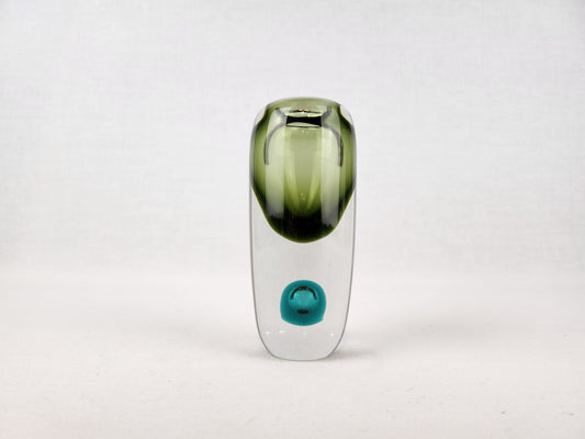 Vintage NUUTAJARVI NOTSJO Green Scandinavian Glass Vase With Kupla Design by Saara Hopea From Finland 1959 signed