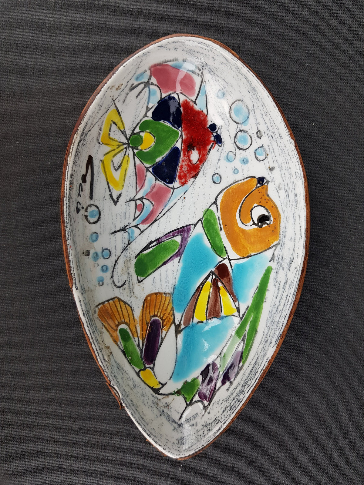 Vintage COCCIO White and Blue dish/ bowl with Hand Painted Fishes Italian Collectible Pottery 1950-60
