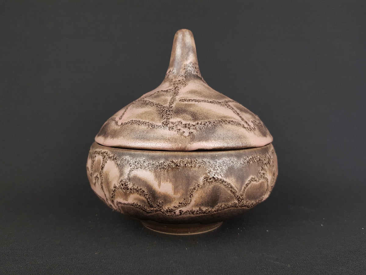 Vintage RUSCHA KERAMIK Brown with Pink Accents Bowl with Lid 608 West German Pottery 1967