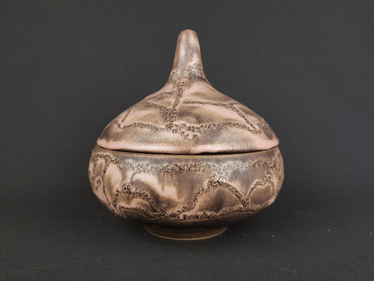 Vintage RUSCHA KERAMIK Brown with Pink Accents Bowl with Lid 608 West German Pottery 1967