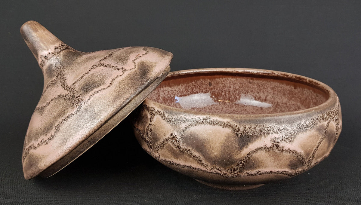 Vintage RUSCHA KERAMIK Brown with Pink Accents Bowl with Lid 608 West German Pottery 1967