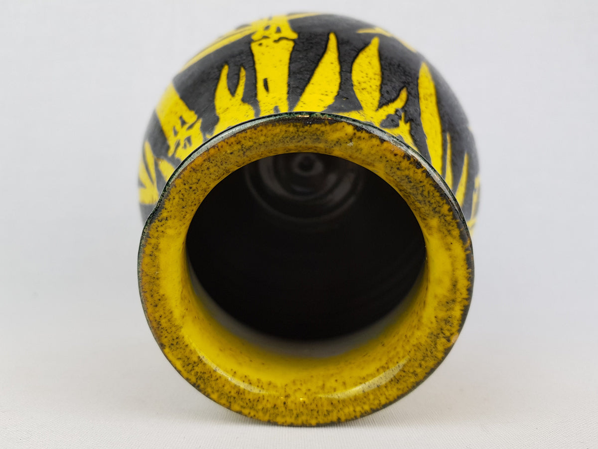 Vintage ALVINO BAGNI Black and Yellow Vase with Bamboo Decor Italian Pottery 1970's