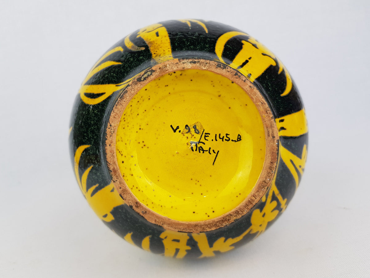 Vintage ALVINO BAGNI Black and Yellow Vase with Bamboo Decor Italian Pottery 1970's