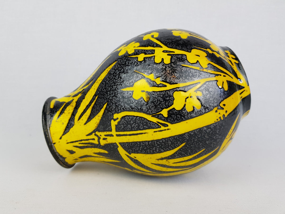Vintage ALVINO BAGNI Black and Yellow Vase with Bamboo Decor Italian Pottery 1970's