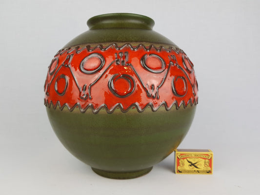 Vintage CARSTENS KERAMIK Matte Green and Red Ball Vase 1240-25 West German Pottery 1960s