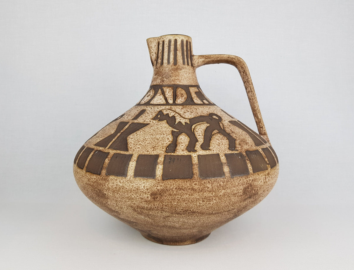 Vintage CERAMANO Handled Brown Vase With Agina Decor 201 West German Pottery 1950s