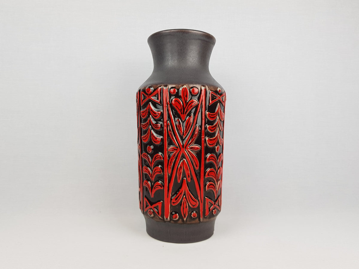 Vintage UBELACKER (Ü-Keramik) Brown with Red Relief Vase 1345 45 West German Pottery 1960s 1970s