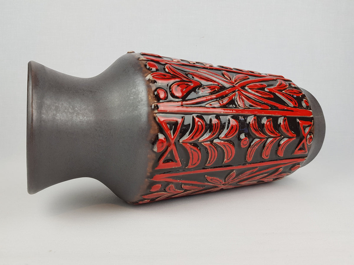 Vintage UBELACKER (Ü-Keramik) Brown with Red Relief Vase 1345 45 West German Pottery 1960s 1970s