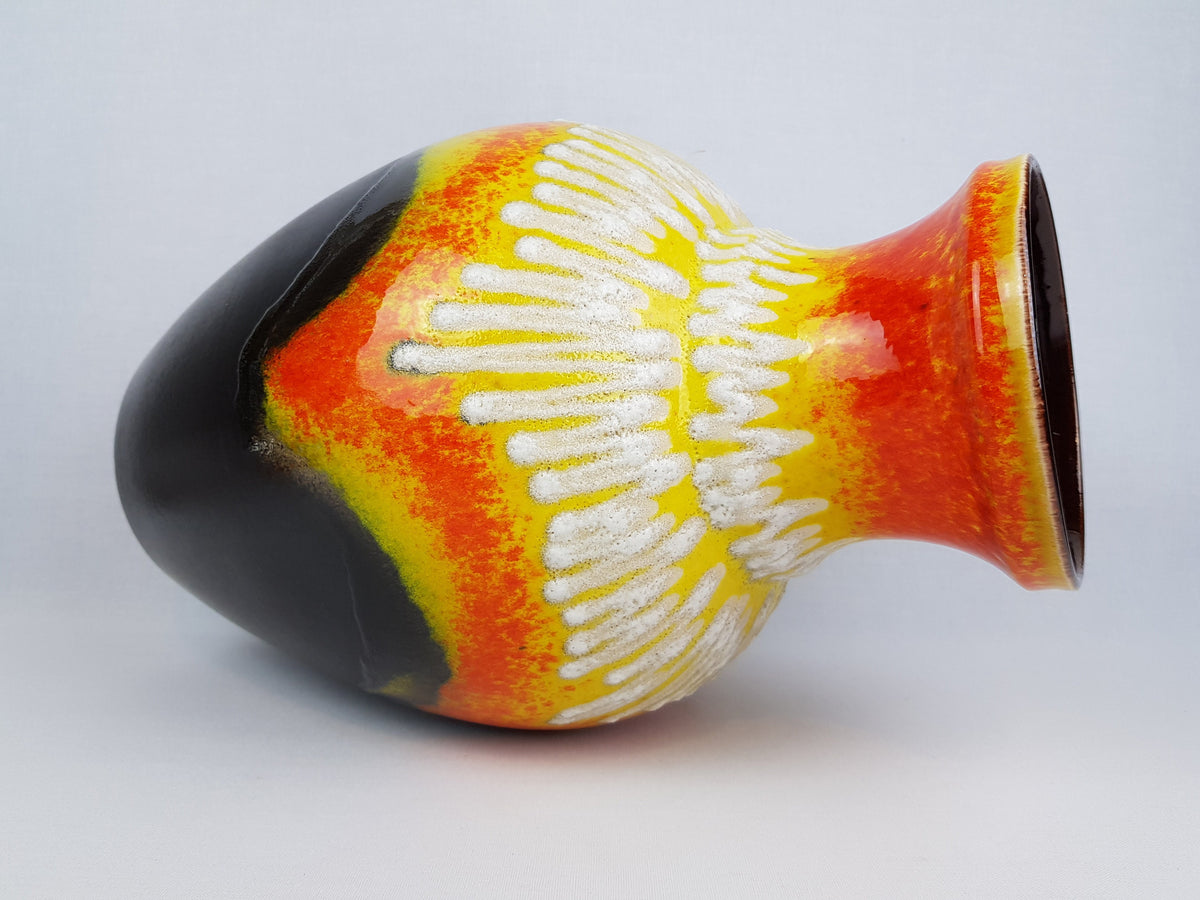 Vintage BAY KERAMIK Brown, Yellow and Orange Vase With White Fat Lava Decor 66 40 West German Pottery 1960s