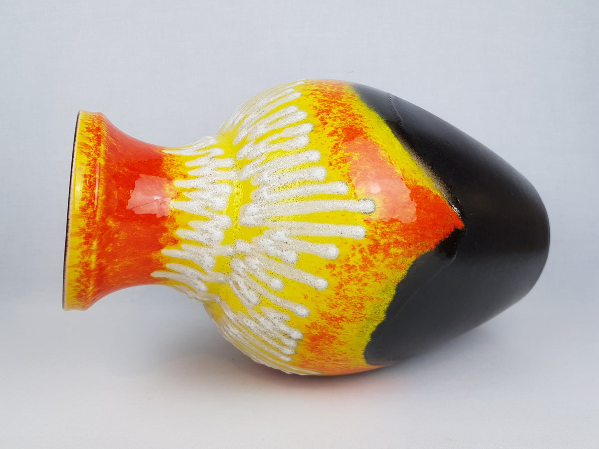 Vintage BAY KERAMIK Brown, Yellow and Orange Vase With White Fat Lava Decor 66 40 West German Pottery 1960s