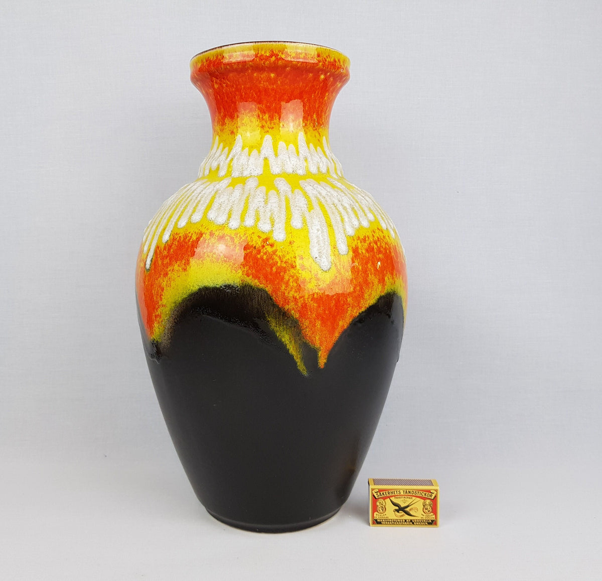 Vintage BAY KERAMIK Brown, Yellow and Orange Vase With White Fat Lava Decor 66 40 West German Pottery 1960s