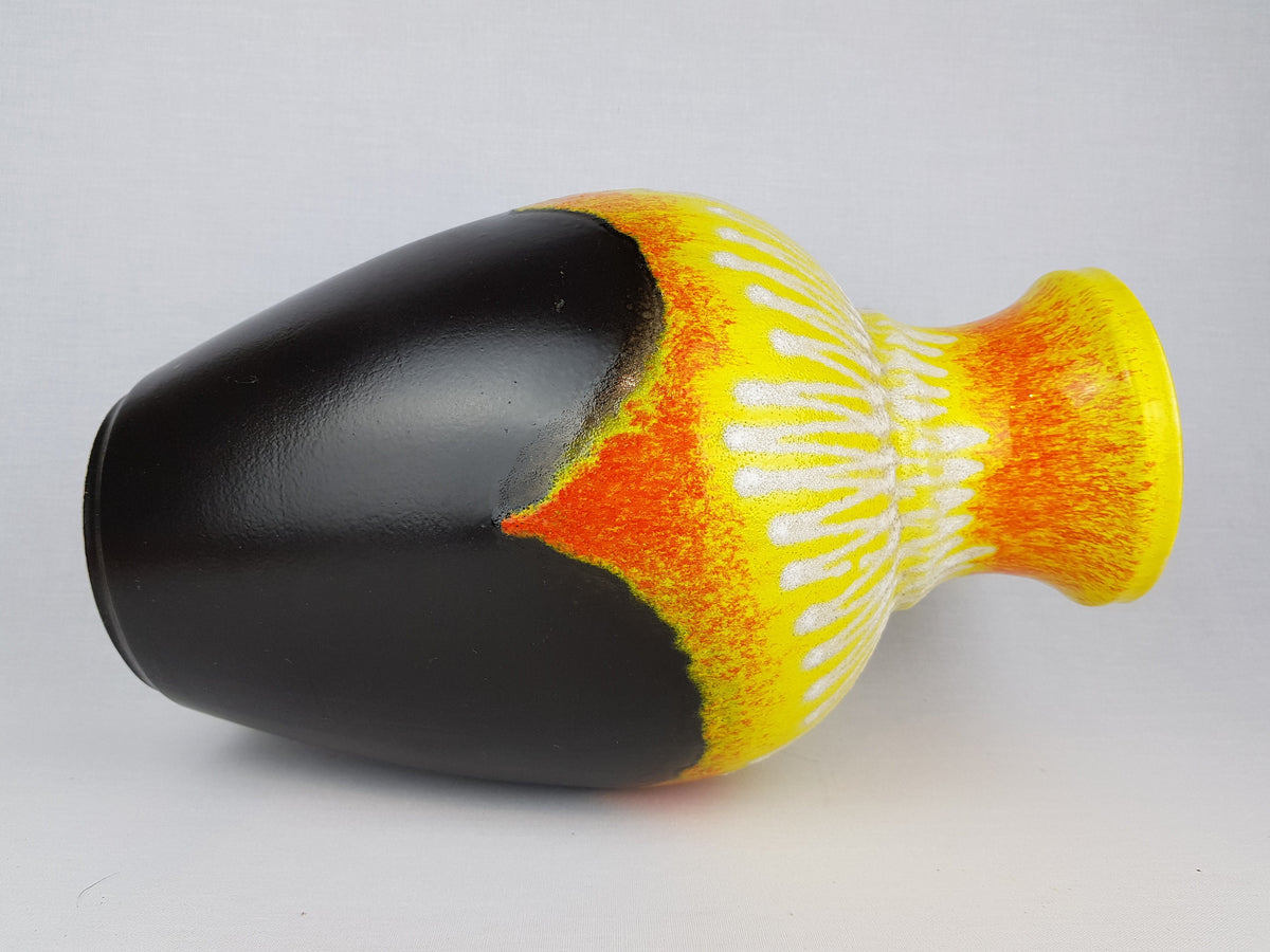 Vintage BAY KERAMIK Brown, Yellow and Orange Vase With White Fat Lava Decor 66 40 West German Pottery 1960s