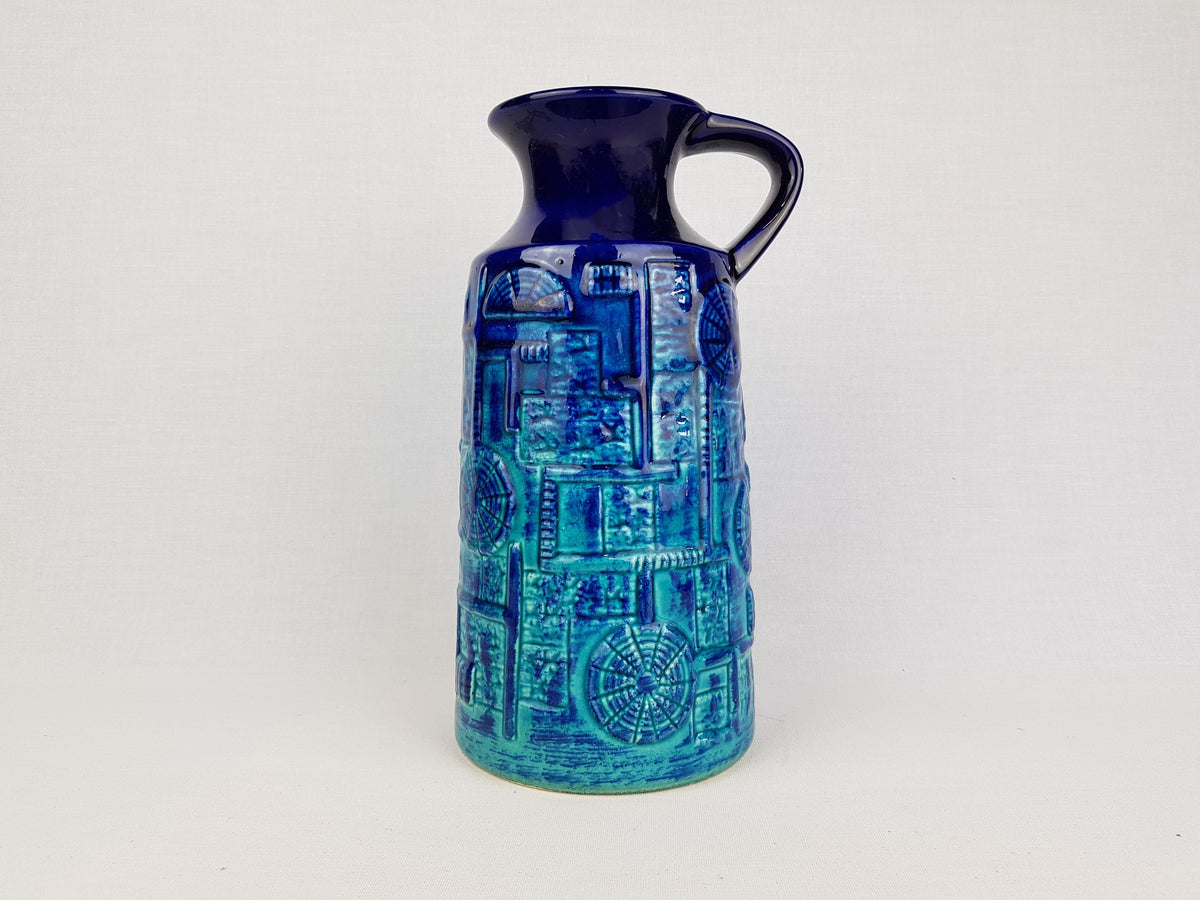 Vintage BAY KERAMIK Handled Blue vase with Narvik Decor, West German Pottery 1960s
