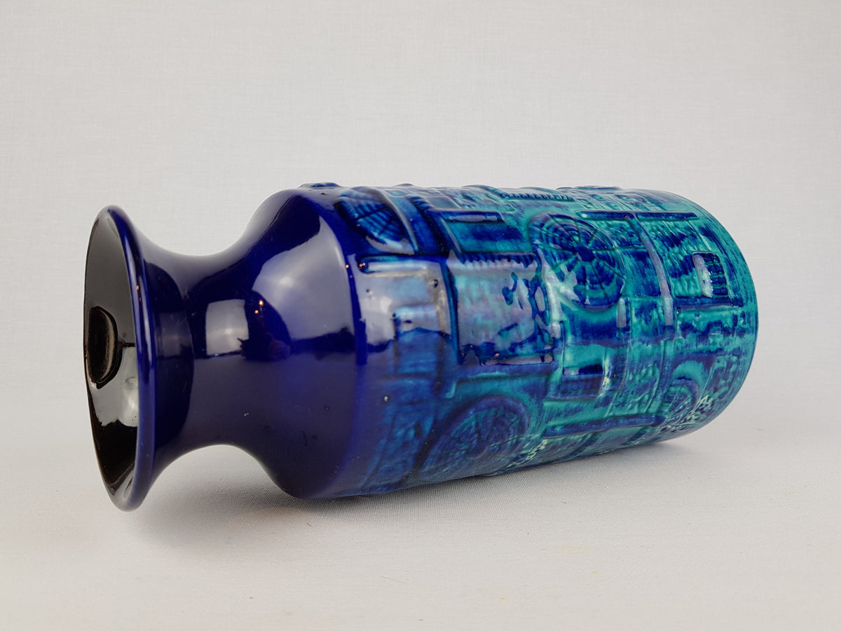 Vintage BAY KERAMIK Handled Blue vase with Narvik Decor, West German Pottery 1960s