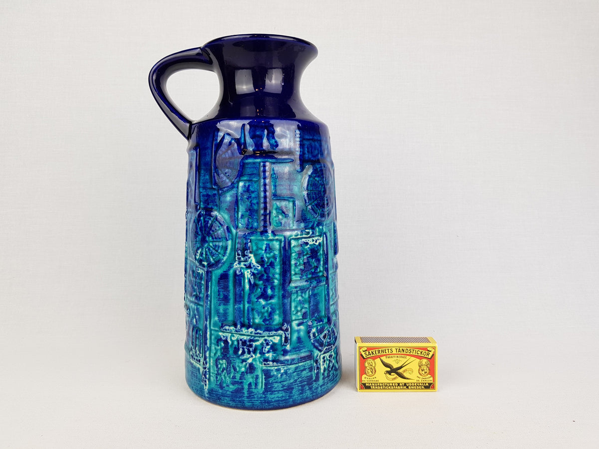 Vintage BAY KERAMIK Handled Blue vase with Narvik Decor, West German Pottery 1960s
