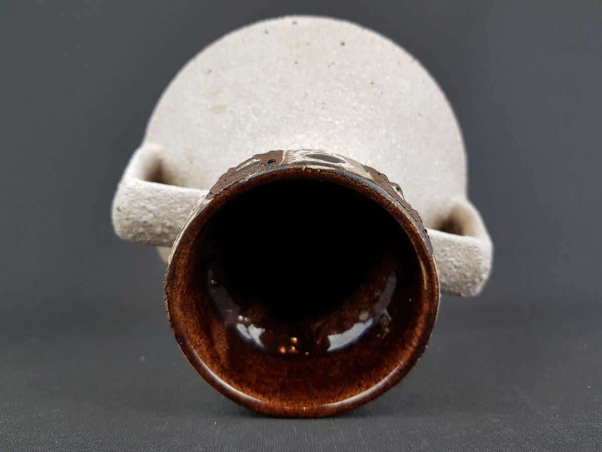 Vintage SCHLOSSBERG KERAMIK Double Handled Brown and White vase with Peacock decor West German Pottery 1960s