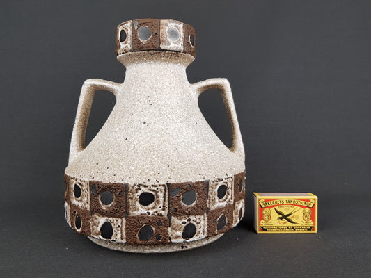 Vintage SCHLOSSBERG KERAMIK Double Handled Brown and White vase with Peacock decor West German Pottery 1960s