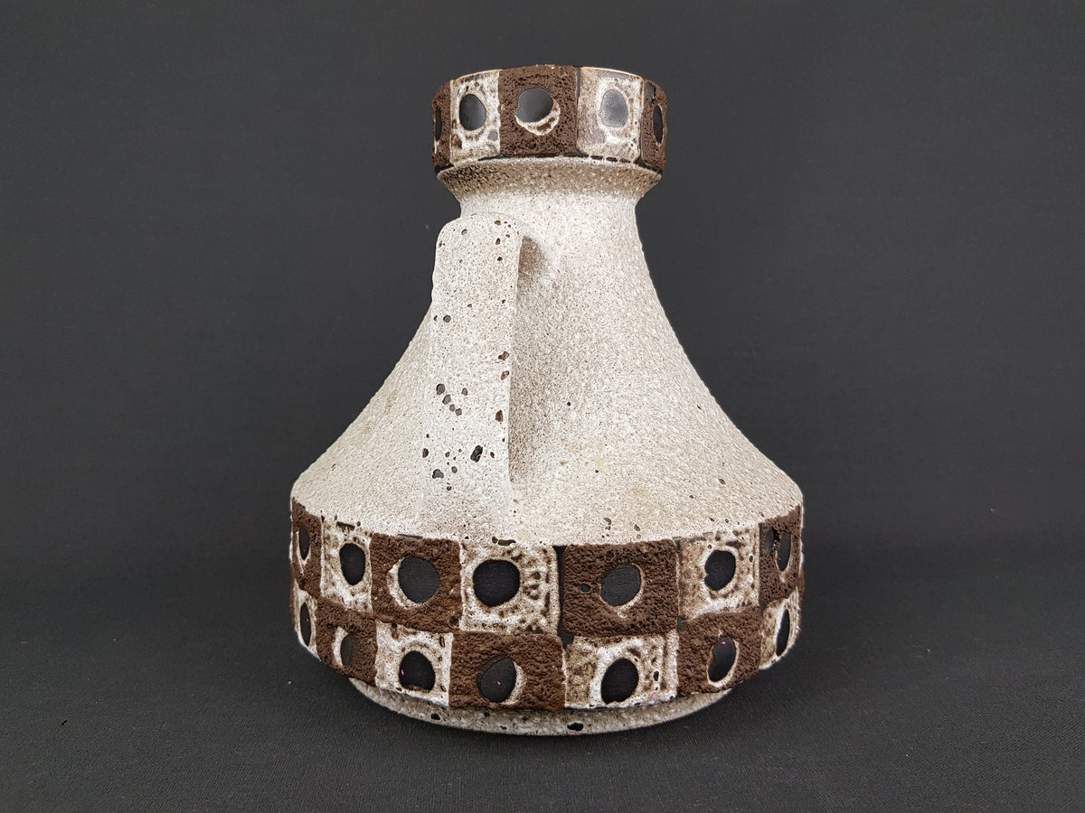 Vintage SCHLOSSBERG KERAMIK Double Handled Brown and White vase with Peacock decor West German Pottery 1960s