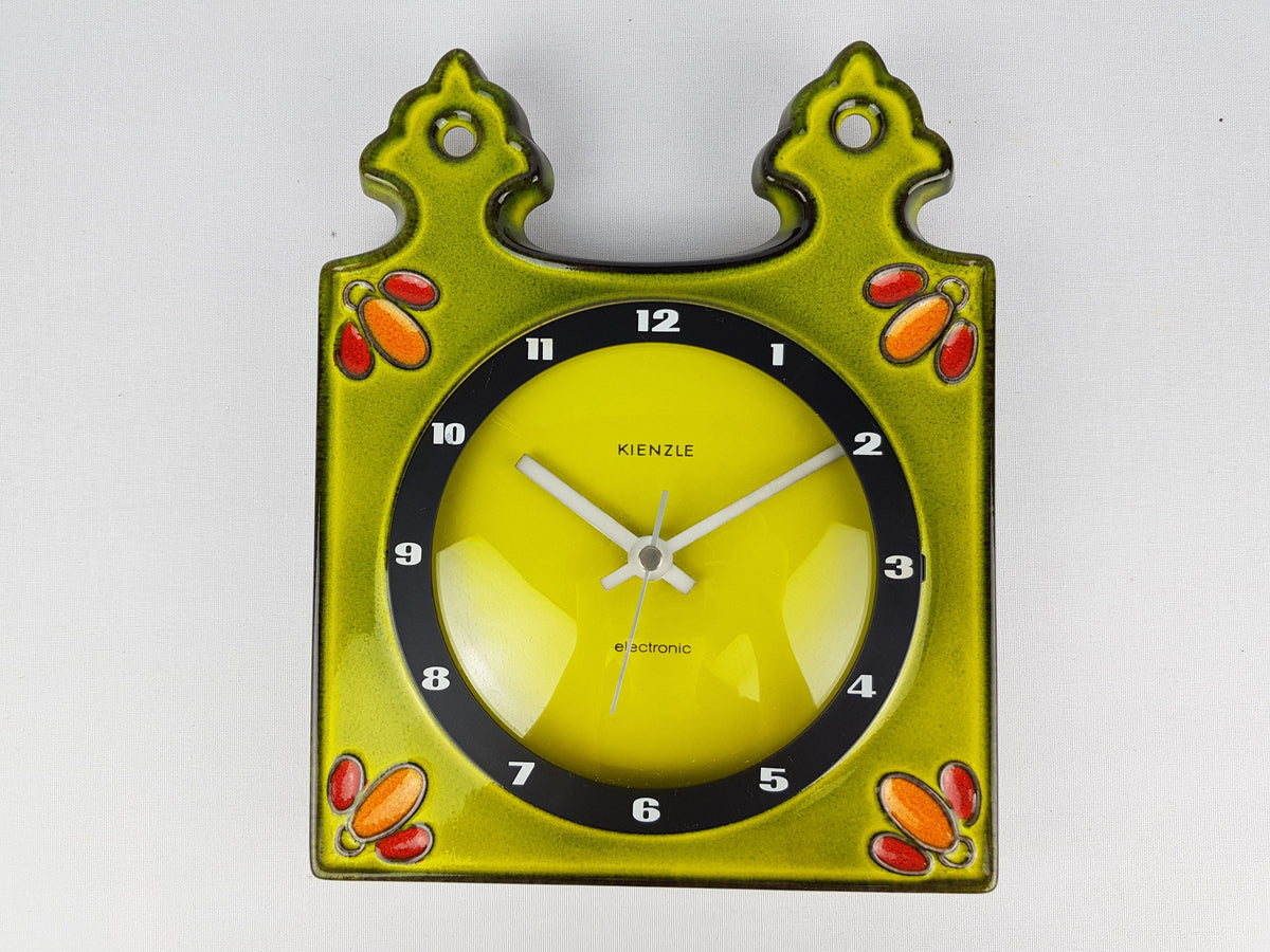 Vintage HERBOLZHEIMER KERAMIK Apple Green Ceramic Kitchen Clock Kienzle West German Pottery 1970s
