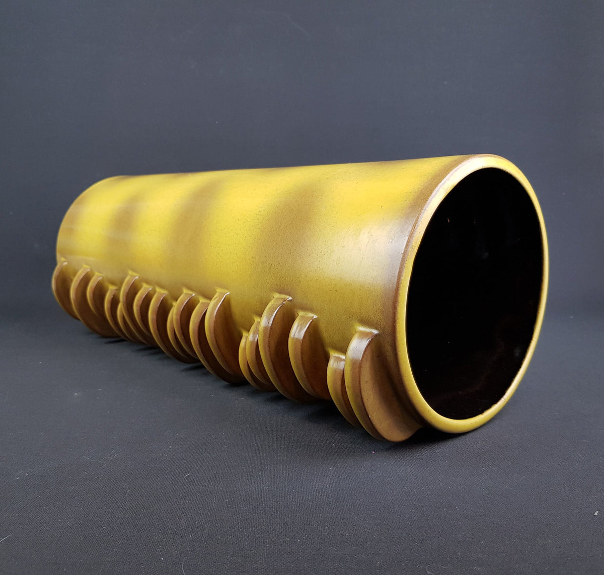 Rare XL Vintage DÜMLER & BREIDEN Keramik Studio 61 43 Brown Yellow Floor Vase with Side Nubs "City" decor 1970s