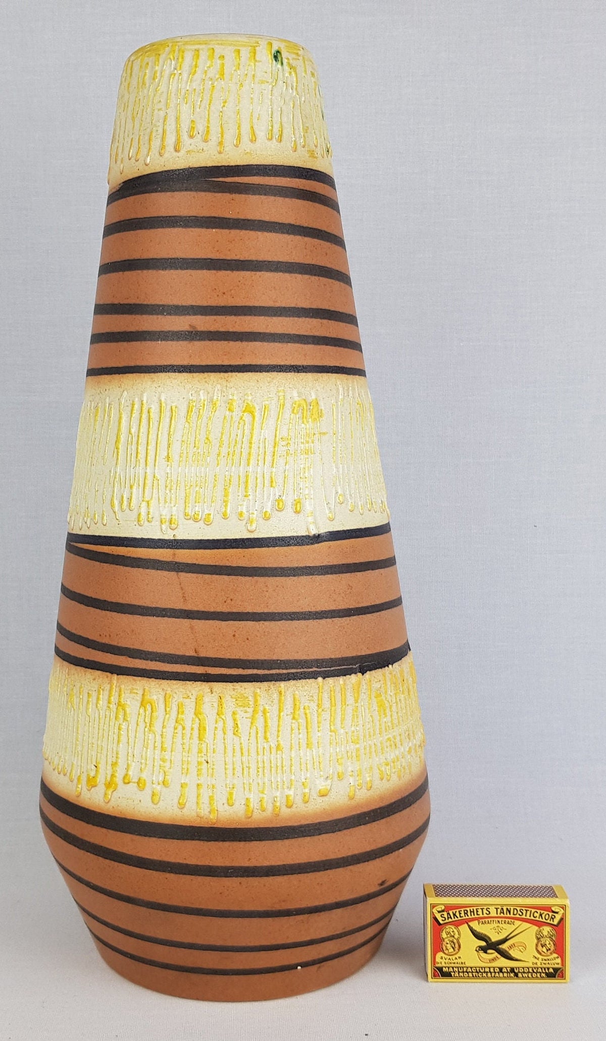 Vintage SCHEURICH KERAMIK Yellow and Brown Vase With White Zig Zag Drip Glaze 529 38 West German Pottery 1950- 60s