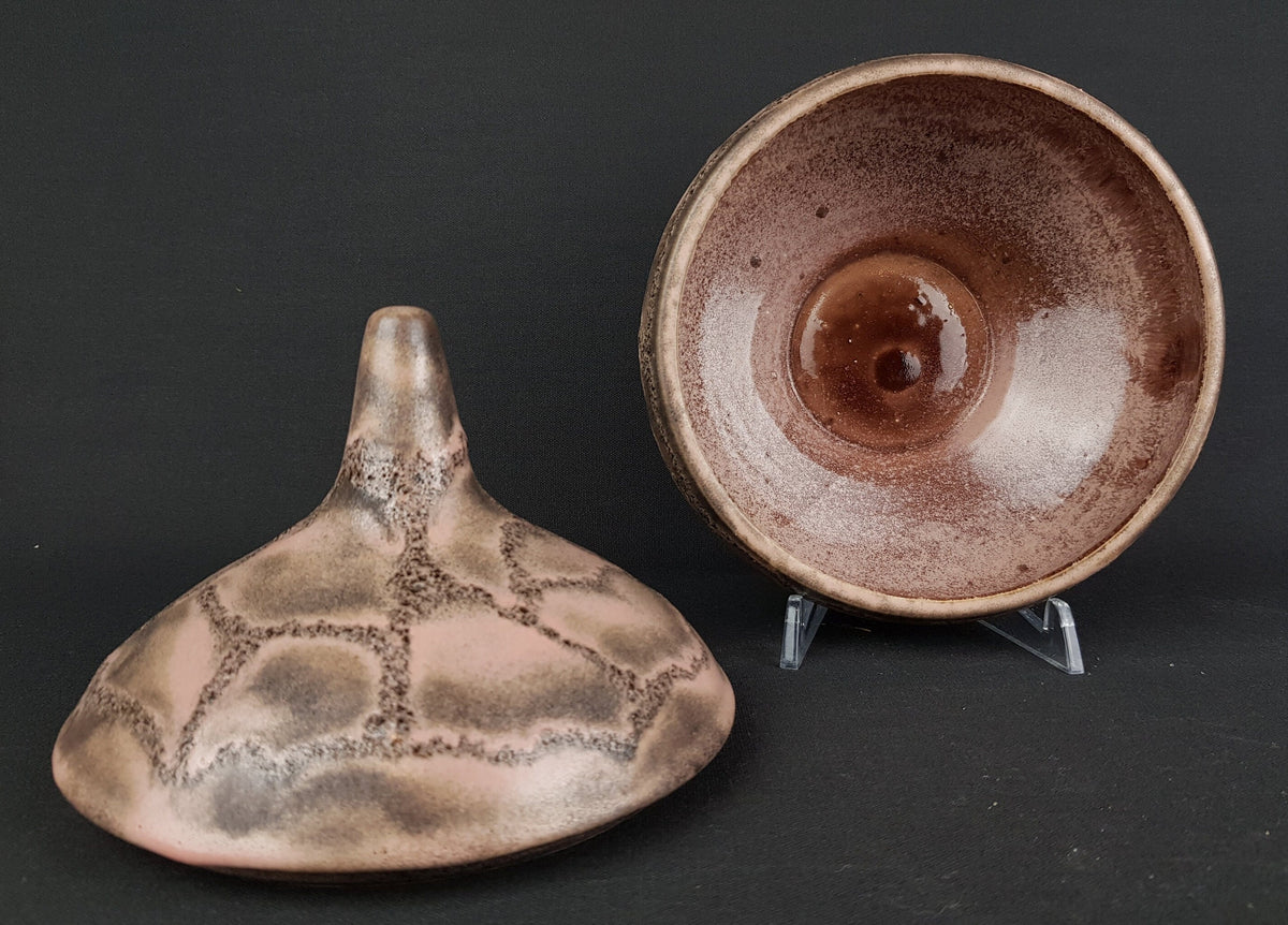 Vintage RUSCHA KERAMIK Brown with Pink Accents Bowl with Lid 608 West German Pottery 1967