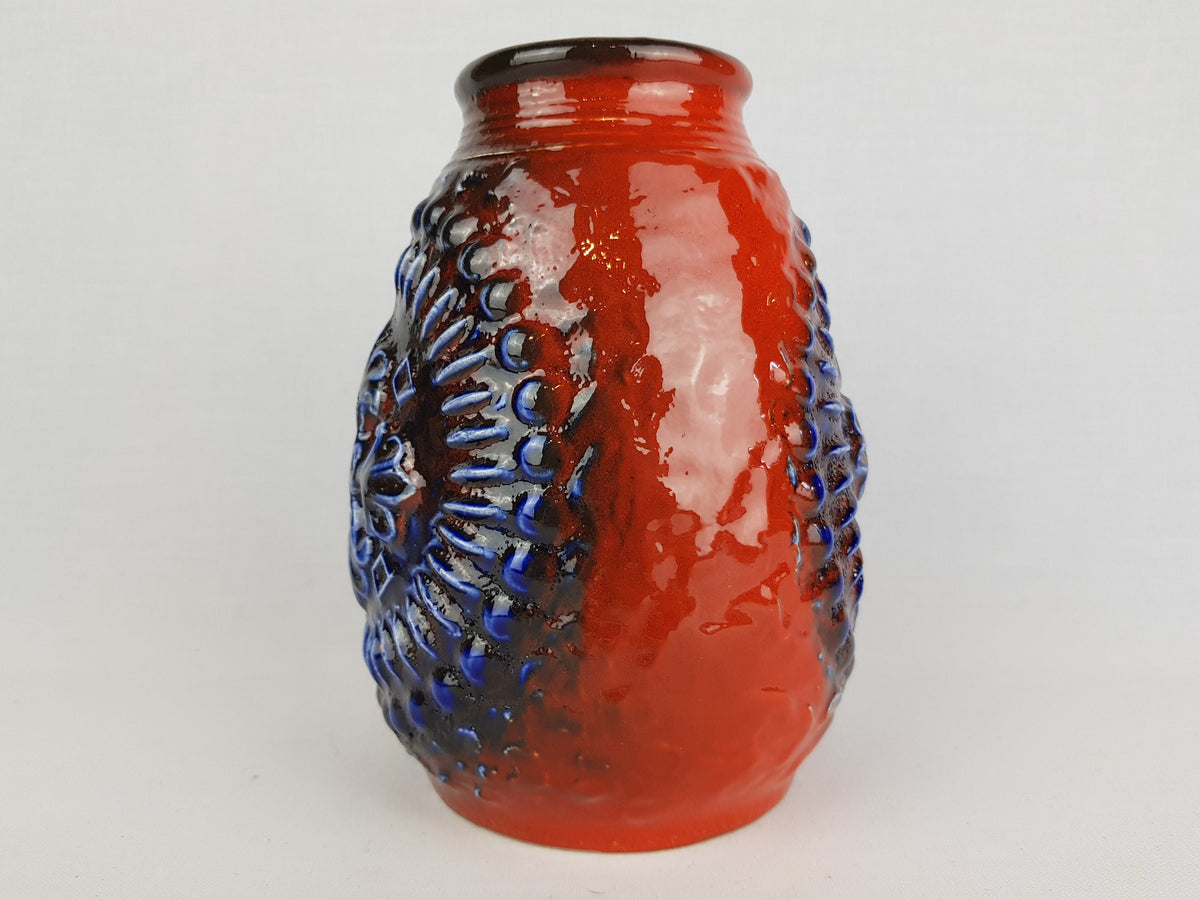 Vintage CARSTENS KERAMIK Red and Blue Vase Relief Decor 7404-20 West German Pottery 1970s
